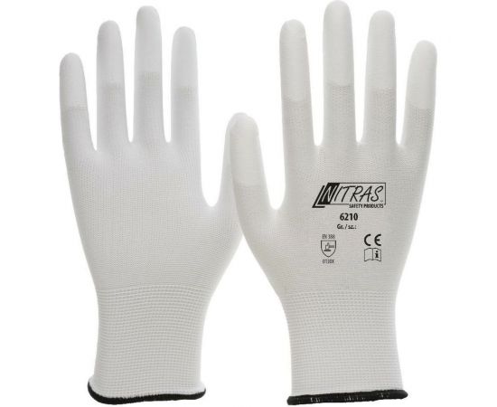Трикотажные бесшовные нейлоновые перчатки Nitras, белые, ПУ покрытие кончиков пальцев, класс 13G, р.10, 12 пар 6210-1012 