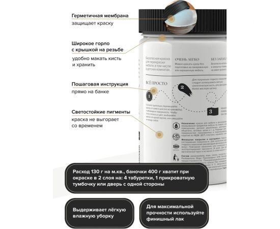 Краска для мебели и декора ATURI Design Меловой бархат mia белоснежный, 0.4 кг T1-00010813 – изображение 6
