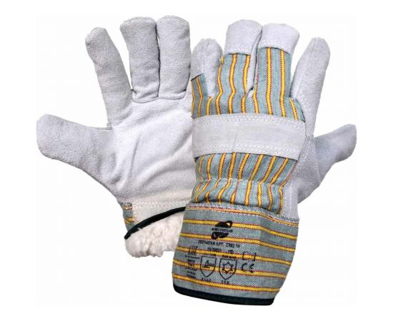 Зимние комбинированные перчатки из говяжьего спилка КРС ARCTICUS серые, АВ класс, с х/б, искусственный белый мех, р.10 2302 W-101 