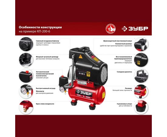 Безмасляный воздушный компрессор ЗУБР 200 л/мин, 1500 Вт КП-200-6 – изображение 6