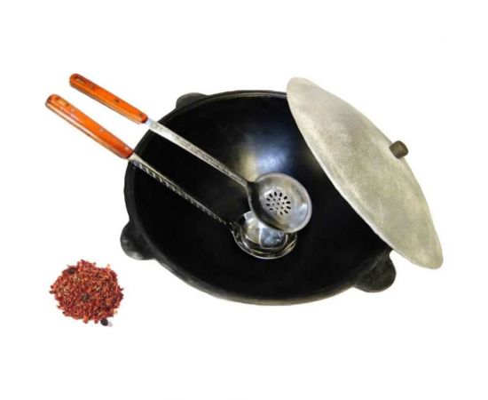 Чугунный казан Davr Metall Узбекский 10 л, плоское дно, с алюминиевой крышкой, с шумовкой, половником и специями КазУз10ЛПШПС 