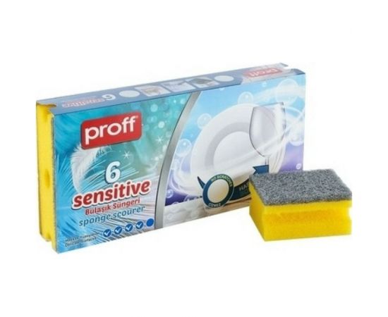 Губка для мытья посуды PROFF PLASTIK профилированная 85x65 мм 6 шт/уп, ДЕЛИКАТНАЯ с серым абразивом, желтая УИ-2601499 
