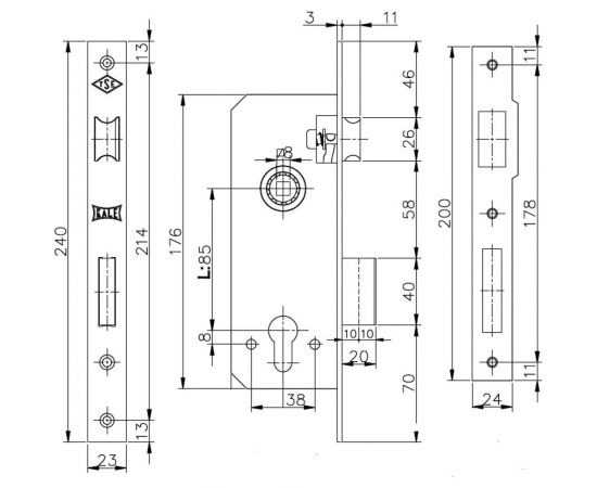 Корпус врезного замка с защёлкой 1KALE KILIT 52/R (35 мм) w/b латунь 1107 – изображение 2