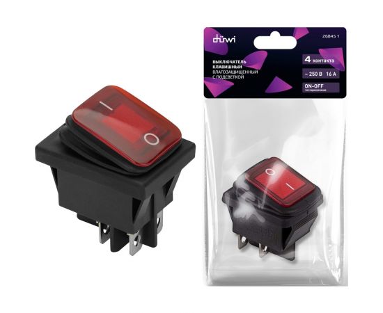 Клавишный влагозащищённый выключатель duwi с подсветкой 4 контакта, 250В, 16А, ВКЛ-ВЫКЛ тип RWB-507, 26845 1 – изображение 3