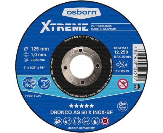 Диск отрезной по нержавейке AS60X XTREME 125x1x22.23 мм DRONCO 1121746100 