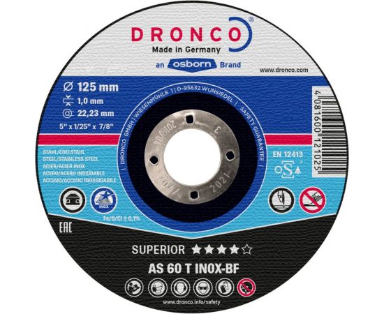 Диск отрезной по нержавейке Special Inox AS60T (10 шт в жестяной коробке; 125x1x22.23 мм) DRONCO 6900945100 