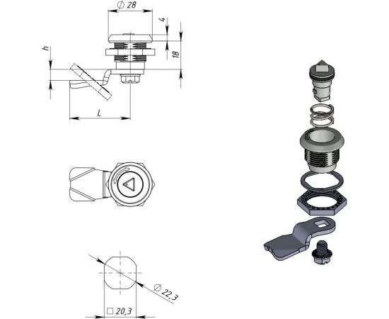 Замок под трехгранный ключ ТРИЗАМ цинк, d-9 мм, с ригелем и ключом ЗЧВ.М.2.79.1066.КМ TRZ0051 – изображение 2