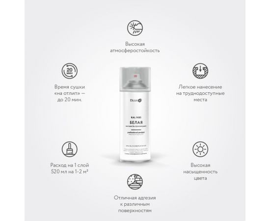 Универсальная акриловая эмаль Elcon ral 9003 белая, матовая, быстросохнущая, аэрозоль, 520 мл 00-00462807 – изображение 2