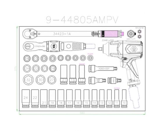 Набор пневмоинструмента KING TONY принадлежностями, ложемент, 41 предмет 9-44805AMPV – изображение 6