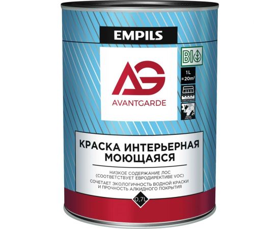 Интерьерная краска Avantgarde моющаяся, база А, матовая, белая, 0.7 л, 0.9 кг 78792 