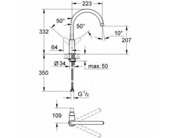 Смеситель для мойки Grohe BauCurve с высоким C-образным изливом, картридж 28 мм 31231001 – изображение 2
