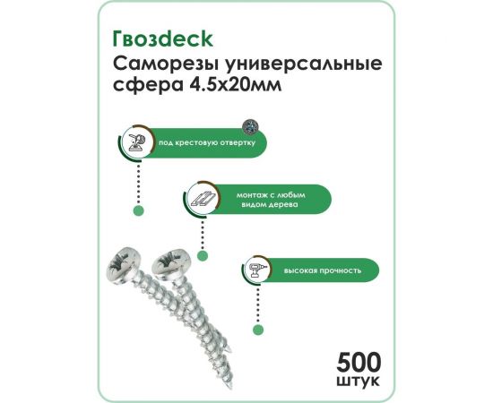 Саморез Гвозdeck белый цинк, 4.5х20, сфера, 500 шт. 20144520WHPZWG0 – изображение 2