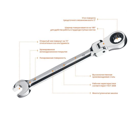 Комбинированный гаечный ключ трещоточный шарнирный Зубр ПРОФ 27101-12 – изображение 3