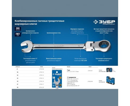 Комбинированный гаечный ключ трещоточный шарнирный Зубр ПРОФ 27101-12 – изображение 5