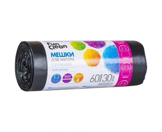 Мешки для мусора ""Особо прочные"" 60 л, 30 шт, черные, с ручками, ролик Fun Clean 7328 