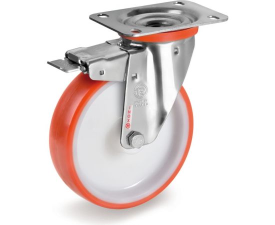 Колесо с нержавеющей вращающейся опорой, пластиной крепления и передним тормозом (100 мм; 170 кг; INOX) Tellure rota 606702 
