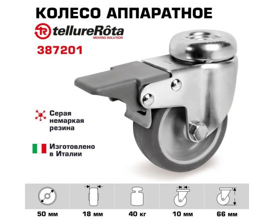 Колесо аппаратное поворотное с отверстием под болт и тормозом (50 мм; 40 кг) Tellure rota 387201 – изображение 2
