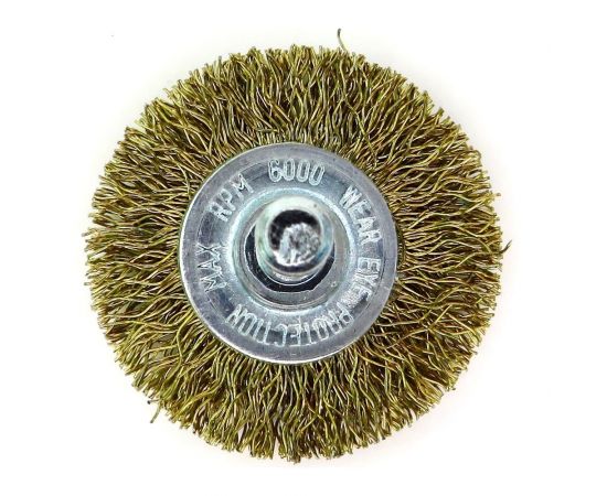 Щетка дисковая для дрели 40x6 мм, хв-к 6 мм, проволока гофр. латунир-я сталь 0.30 мм SIT 0886 – изображение 3