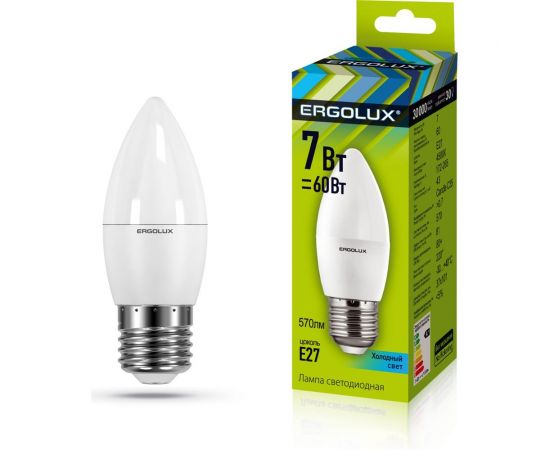 Электрическая светодиодная лампа Ergolux LED-C35-7W-E27-4K Свеча 7Вт E27 4500K 172-265В 13298 
