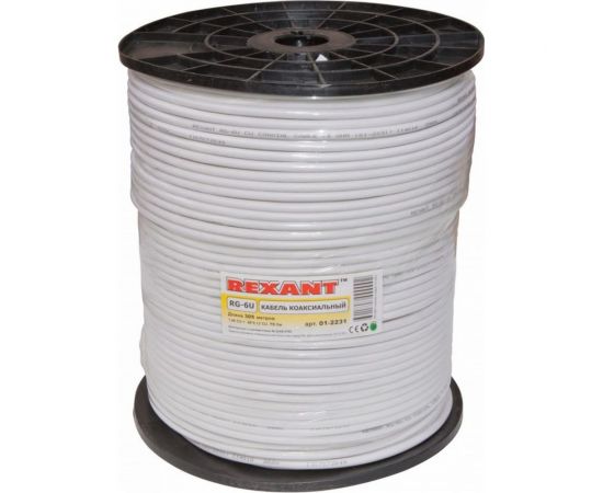 Коаксиальный кабель REXANT RG-6U+Cu, 75 Ом, Cu/Al/Cu, 64%, бухта 305 м, белый 01-2231 – изображение 2