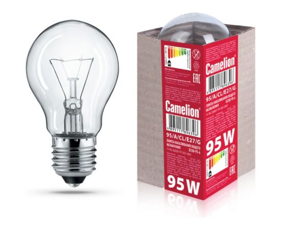 Лампа накаливания Camelion 95/A/CL/E27/G (с прозрачной колбой, ЛОН, ГОФРА, Б230-95-6) 15043 