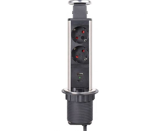 Встраиваемый выдвижной розеточный блок Inrior блок розеток на 2 EURO розетки и 2 USB-A+C, стальной, RUFH-01-90 