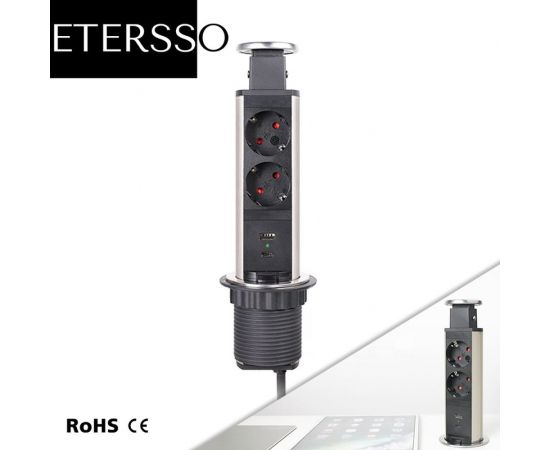 Встраиваемый выдвижной розеточный блок Inrior блок розеток на 2 EURO розетки и 2 USB-A+C, стальной, RUFH-01-90 – изображение 2