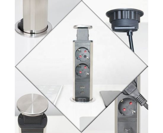 Встраиваемый выдвижной розеточный блок Inrior блок розеток на 2 EURO розетки и 2 USB-A+C, стальной, RUFH-01-90 – изображение 3