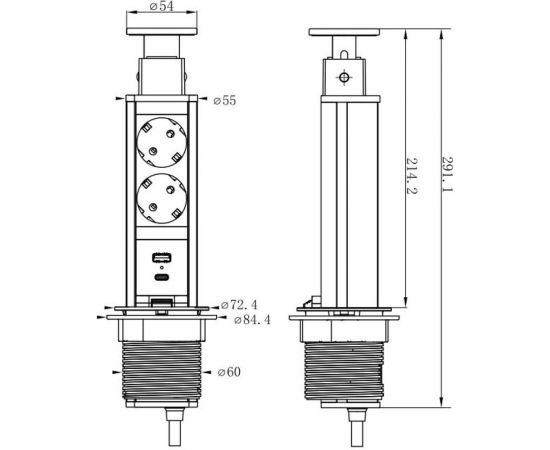 Встраиваемый выдвижной розеточный блок Inrior блок розеток на 2 EURO розетки и 2 USB-A+C, стальной, RUFH-01-90 – изображение 8