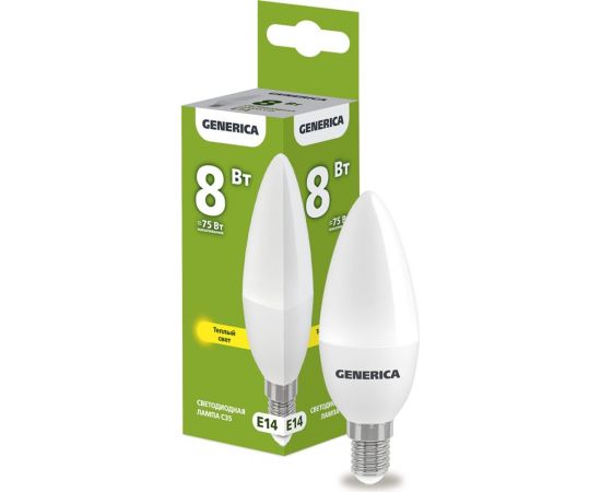 Светодиодная лампа GENERICA C35 свеча 8Вт 230В 3000К E14 LL-C35-08-230-30-E14-G 