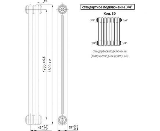 Радиатор IRSAP Tesi 2 21800/06 CL.01 белый T30 RR218000601A430N01 – изображение 2