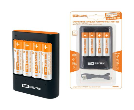 Зарядное устройство TDM 36044Н 3600 mA 4 слота АА/ААА 4 кан.+4xAA2500 USB SQ1702-0101 