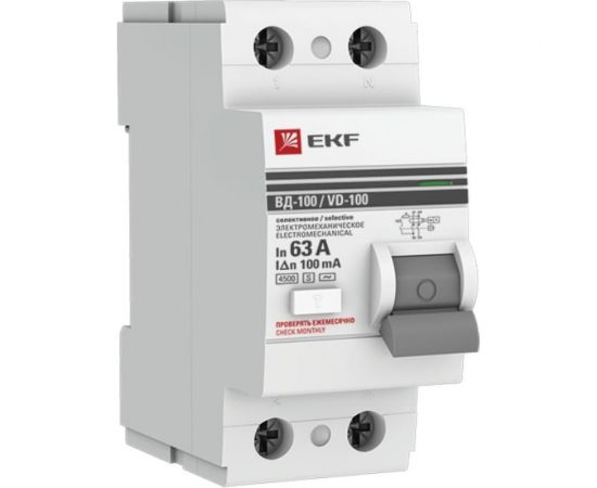 Селективное устройство защитного отключения EKF 2P 63А/100мА PROxima SQelcb-2-63-100S-em-pro 