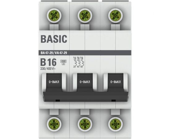 Автоматический выключатель EKF 3P 16А 4,5кА ВА 47-29 Basic SQ mcb4729-3-16-B 