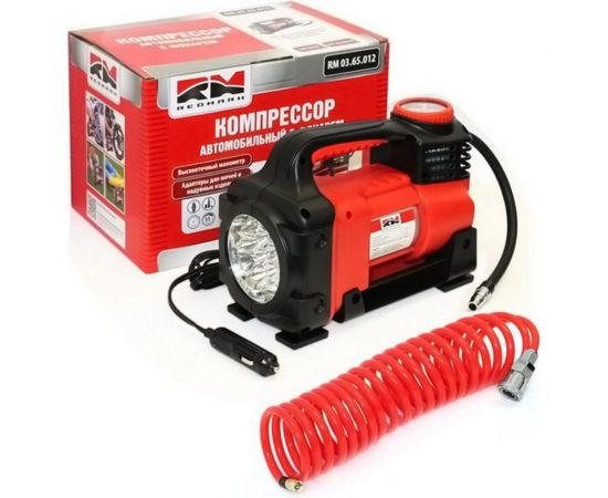 Компрессор REDMARK 10 атм, 35 л/мин, 160 Ватт, с фонарем, переходник с прикуривателя на клеммы АКБ RM0365012 
