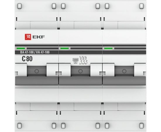 Автоматический трехполюсный выключатель EKF 80А C ВА47-100 10кА PROxima mcb47100-3-80C-pro 4920477 
