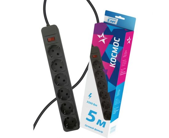 Сетевой фильтр КОСМОС 5м 6 гнезд, пвс 3x1мм2, черный FKsm5m-6g(B)16A 