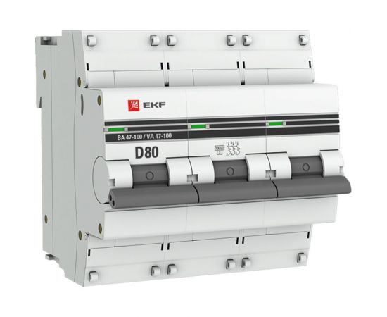 Автоматический трехполюсный выключатель EKF 80А D ВА47-100 10кА PROxima mcb47100-3-80D-pro 8465397 