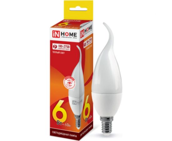 Светодиодная лампа IN HOME LED-СВЕЧА НА ВЕТРУ-VC 6Вт, 230В, Е14, 3000К, 540Лм 4690612030371 