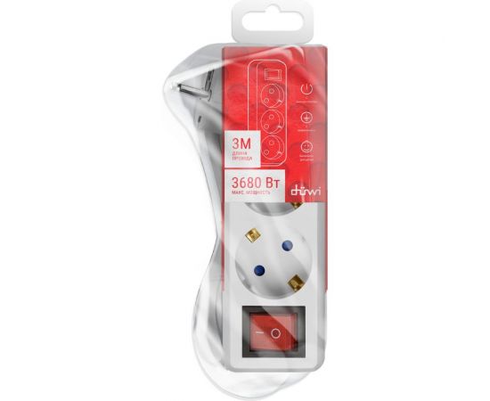 Удлинитель с заземлением duwi с выкл. Supraline 3 розетки, 3 метра, 3х1,5мм2, 3680 Вт, 16А, 32058 6 