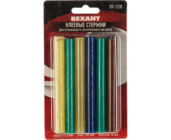 Клеевые стержни d=11,3 мм, L=100 мм, цветные, 12 шт. блистер Rexant 09-1230 