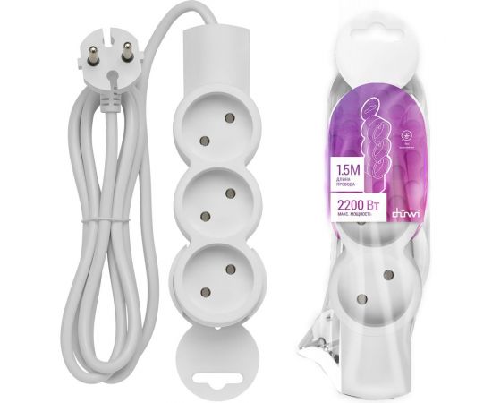 Удлинитель duwi 3 гнезда, без выключателя, без земли, 1,5 м 32001 4 