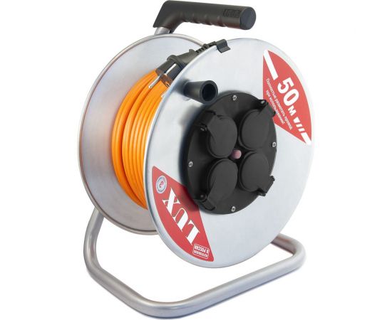 Удлинитель силовой на металл.катушке LUX 50150 К4-Е-50 ПВС 3x1.5 50м 16А 4 роз. с з/к, защит и крышк. IP44 4606400420385 