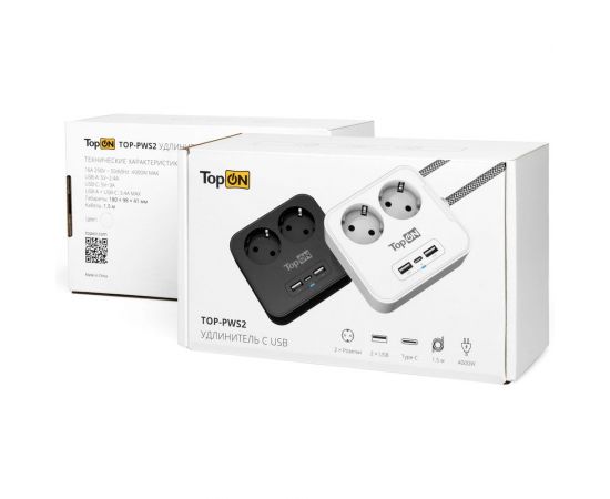 Сетевой фильтр TopOn на 2 розетки с 2 USB-A и USB-C, 4000W, 1.5 м Белый TOP-PWS2 – изображение 2