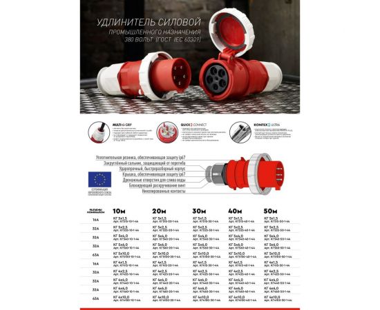 Удлинитель-шнур ЭНАРГИТ 380 Вольт КГ 5х2,5 ГОСТ 1 розетка 10 метров IP44 КГ525-10-1-44 – изображение 3