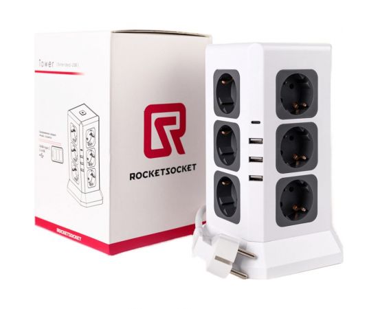 Удлинитель ROCKETSOCKET Tower Extended 12 Euro 16A, 4 USB 3A+C с блоком 5В/3.4А, кабель 2,0 м цвет белый GNS5004 – изображение 3