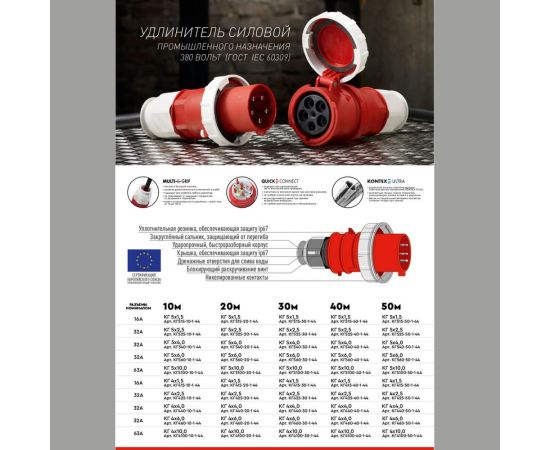 Удлинитель шнур ЭНАРГИТ 380 Вольт, КГ 5х1,5 ГОСТ, 25 метров, 1 розетка 16А, IP 44 КГ515-25-1-44 – изображение 3