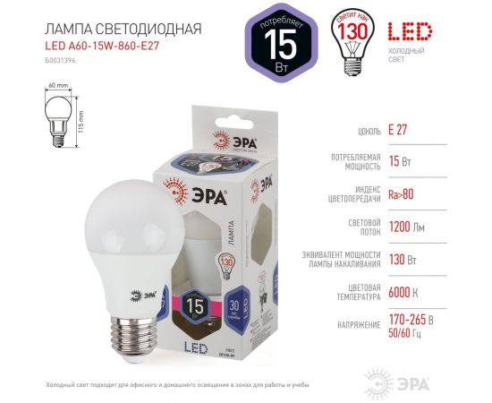 Светодиодная лампа ЭРА LED A60-15W-860-E27, груша, холодный Б0031396 – изображение 3