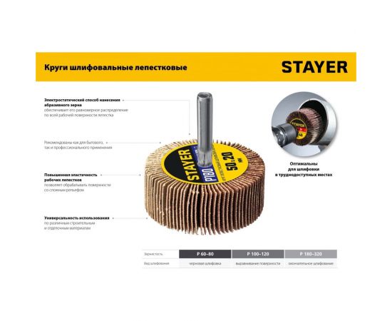 Круг шлифовальный лепестковый на шпильке STAYER P180, 30x15 мм 36606-180 – изображение 4