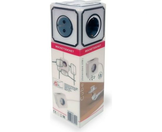 Удлинитель ROCKETSOCKET Cube Extended 4 Euro 16A, 2 USB A с блоком 5В/2.1А, кабель 1,5 м цвет серый GNS1404 – изображение 8